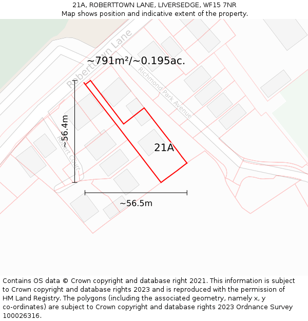 21A, ROBERTTOWN LANE, LIVERSEDGE, WF15 7NR: Plot and title map