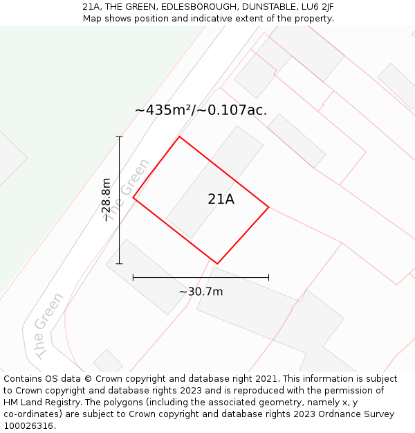 21A, THE GREEN, EDLESBOROUGH, DUNSTABLE, LU6 2JF: Plot and title map