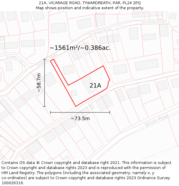 21A, VICARAGE ROAD, TYWARDREATH, PAR, PL24 2PQ: Plot and title map