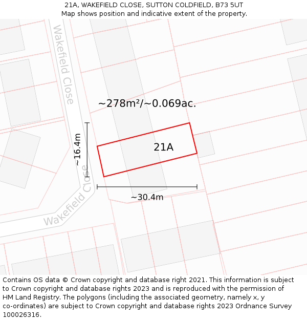 21A, WAKEFIELD CLOSE, SUTTON COLDFIELD, B73 5UT: Plot and title map