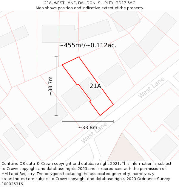 21A, WEST LANE, BAILDON, SHIPLEY, BD17 5AG: Plot and title map