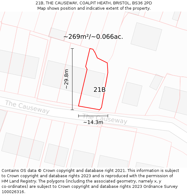 21B, THE CAUSEWAY, COALPIT HEATH, BRISTOL, BS36 2PD: Plot and title map