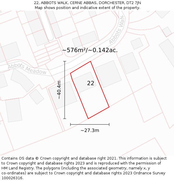 22, ABBOTS WALK, CERNE ABBAS, DORCHESTER, DT2 7JN: Plot and title map