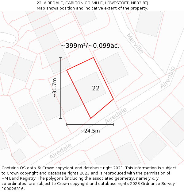 22, AIREDALE, CARLTON COLVILLE, LOWESTOFT, NR33 8TJ: Plot and title map