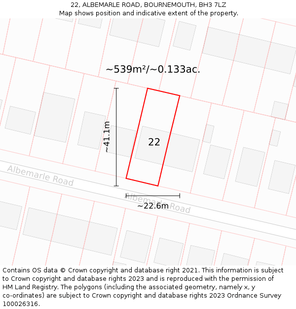 22, ALBEMARLE ROAD, BOURNEMOUTH, BH3 7LZ: Plot and title map