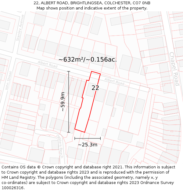 22, ALBERT ROAD, BRIGHTLINGSEA, COLCHESTER, CO7 0NB: Plot and title map