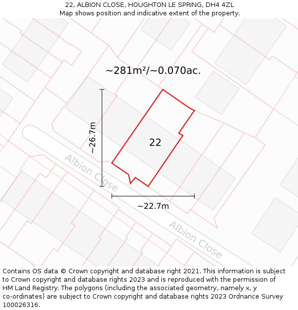 22, ALBION CLOSE, HOUGHTON LE SPRING, DH4 4ZL: Plot and title map