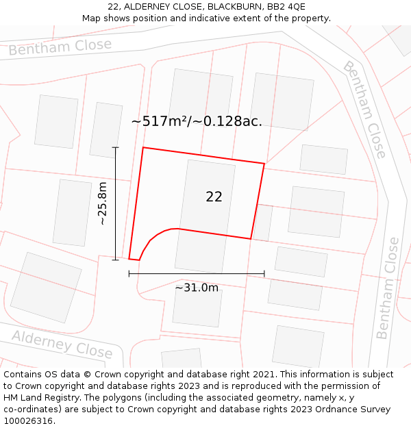 22, ALDERNEY CLOSE, BLACKBURN, BB2 4QE: Plot and title map