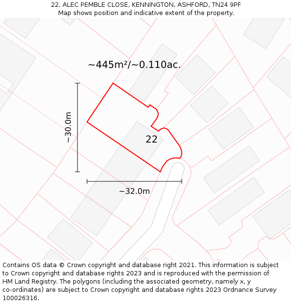 22, ALEC PEMBLE CLOSE, KENNINGTON, ASHFORD, TN24 9PF: Plot and title map