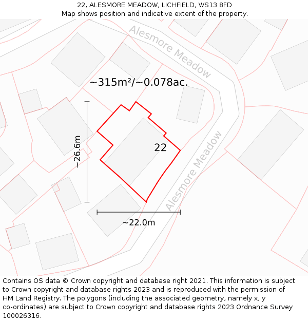 22, ALESMORE MEADOW, LICHFIELD, WS13 8FD: Plot and title map