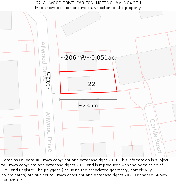 22, ALLWOOD DRIVE, CARLTON, NOTTINGHAM, NG4 3EH: Plot and title map