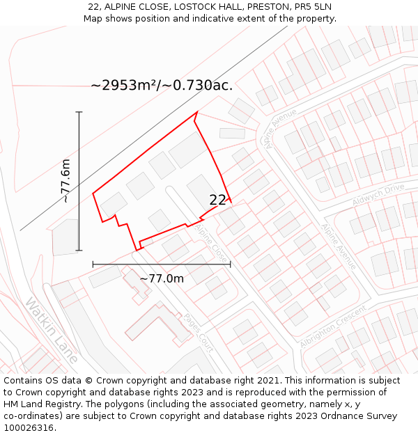 22, ALPINE CLOSE, LOSTOCK HALL, PRESTON, PR5 5LN: Plot and title map