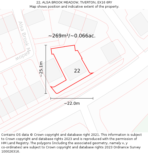 22, ALSA BROOK MEADOW, TIVERTON, EX16 6RY: Plot and title map