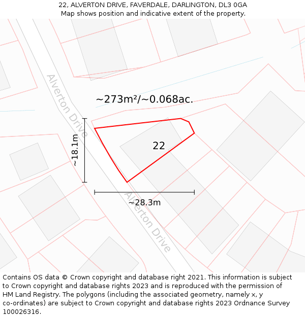 22, ALVERTON DRIVE, FAVERDALE, DARLINGTON, DL3 0GA: Plot and title map
