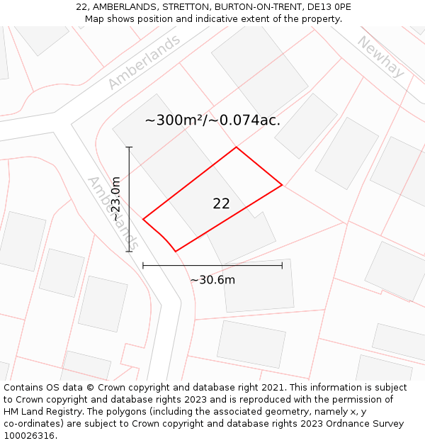 22, AMBERLANDS, STRETTON, BURTON-ON-TRENT, DE13 0PE: Plot and title map