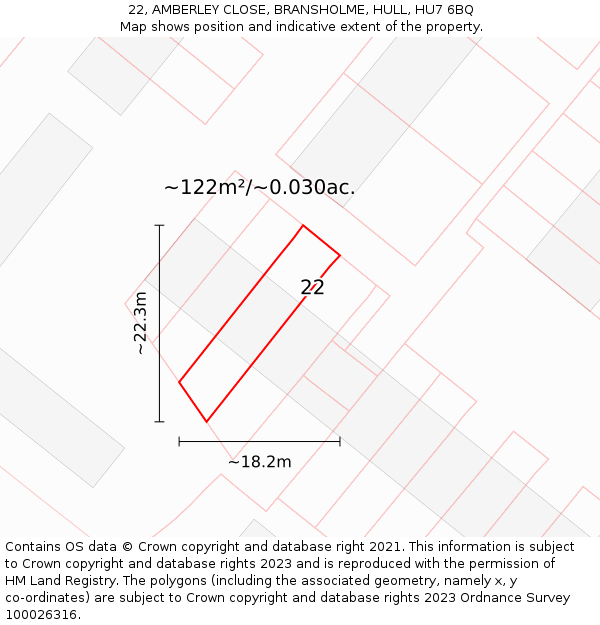 22, AMBERLEY CLOSE, BRANSHOLME, HULL, HU7 6BQ: Plot and title map