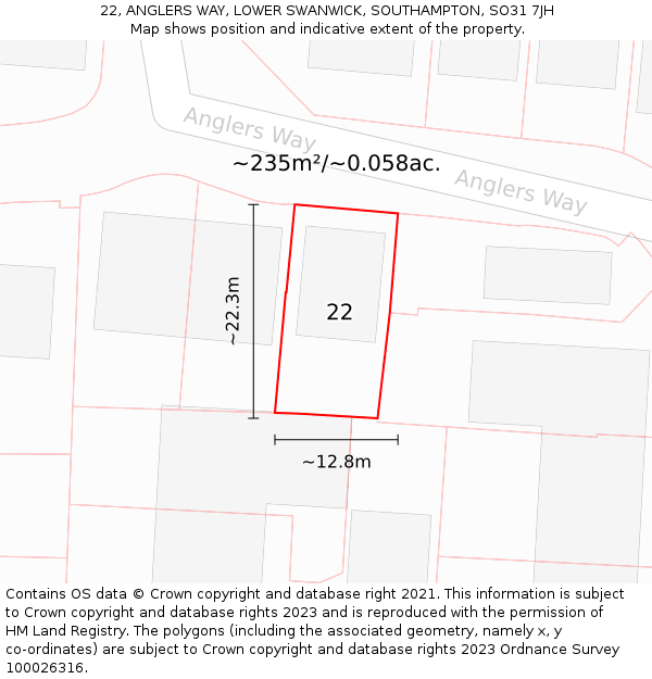 22, ANGLERS WAY, LOWER SWANWICK, SOUTHAMPTON, SO31 7JH: Plot and title map