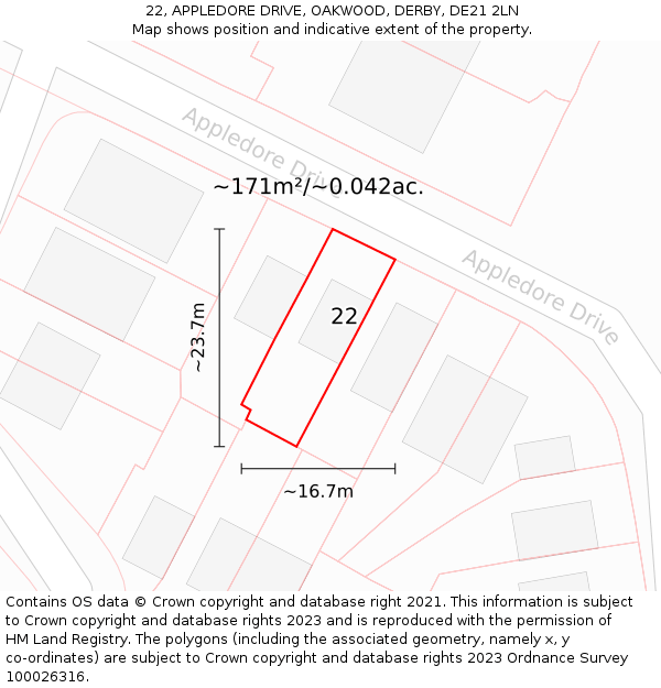 22, APPLEDORE DRIVE, OAKWOOD, DERBY, DE21 2LN: Plot and title map