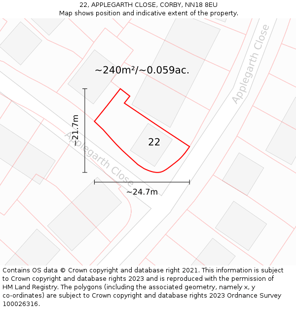 22, APPLEGARTH CLOSE, CORBY, NN18 8EU: Plot and title map