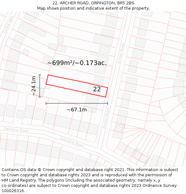 22, ARCHER ROAD, ORPINGTON, BR5 2BS: Plot and title map