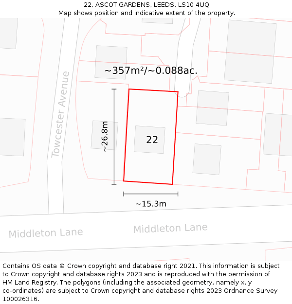 22, ASCOT GARDENS, LEEDS, LS10 4UQ: Plot and title map
