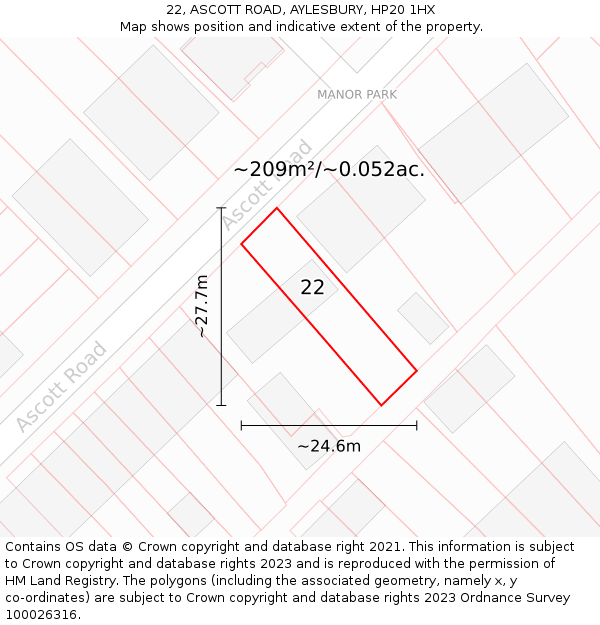 22, ASCOTT ROAD, AYLESBURY, HP20 1HX: Plot and title map