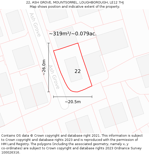 22, ASH GROVE, MOUNTSORREL, LOUGHBOROUGH, LE12 7HJ: Plot and title map