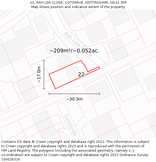 22, ASH LEA CLOSE, COTGRAVE, NOTTINGHAM, NG12 3PR: Plot and title map