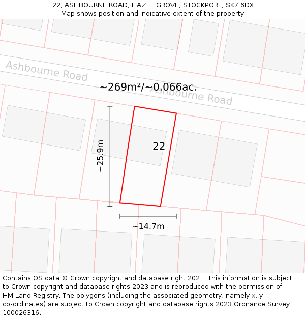 22, ASHBOURNE ROAD, HAZEL GROVE, STOCKPORT, SK7 6DX: Plot and title map