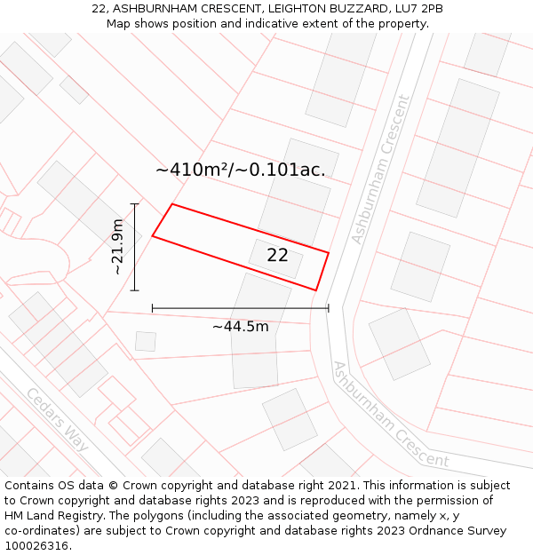 22, ASHBURNHAM CRESCENT, LEIGHTON BUZZARD, LU7 2PB: Plot and title map