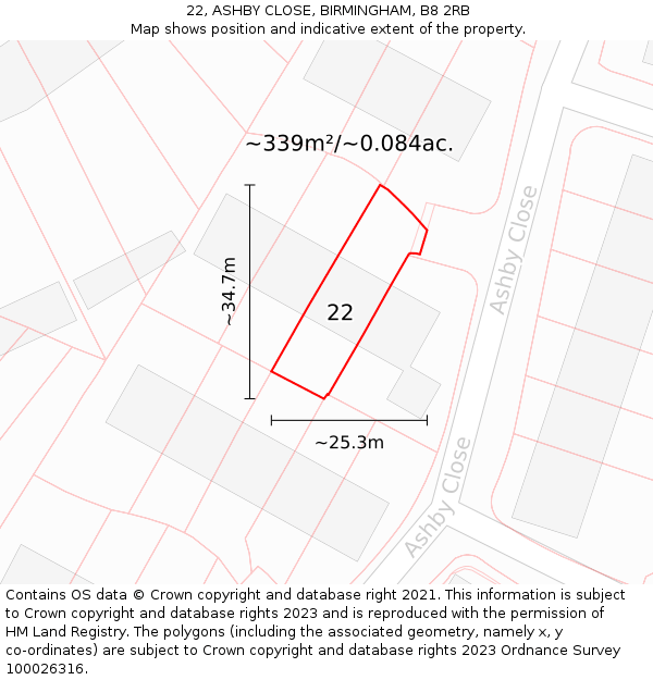 22, ASHBY CLOSE, BIRMINGHAM, B8 2RB: Plot and title map