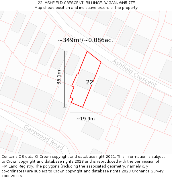 22, ASHFIELD CRESCENT, BILLINGE, WIGAN, WN5 7TE: Plot and title map
