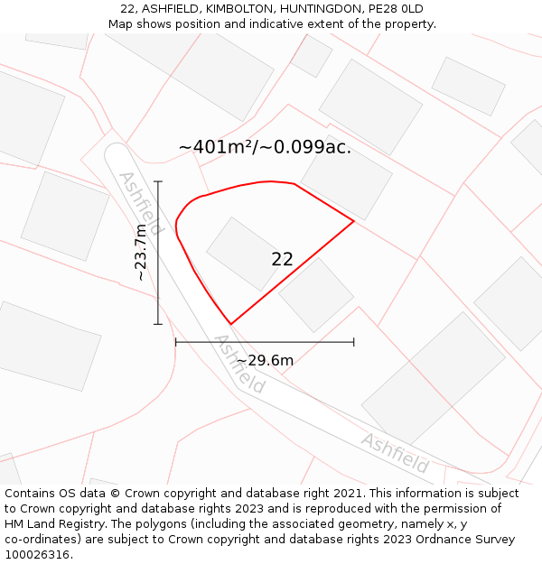22, ASHFIELD, KIMBOLTON, HUNTINGDON, PE28 0LD: Plot and title map