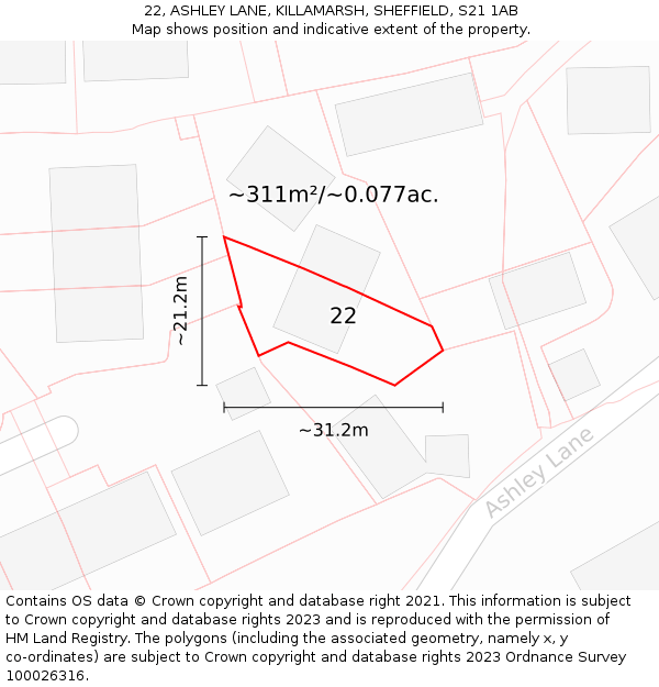 22, ASHLEY LANE, KILLAMARSH, SHEFFIELD, S21 1AB: Plot and title map
