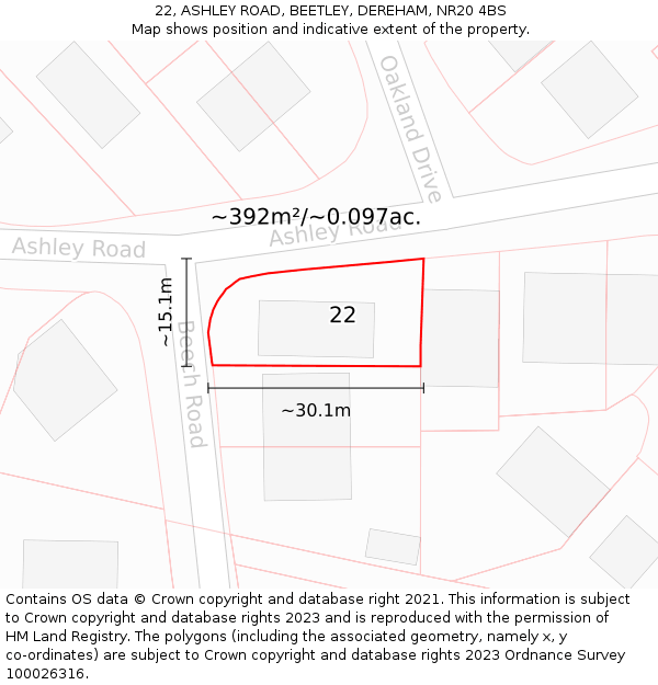 22, ASHLEY ROAD, BEETLEY, DEREHAM, NR20 4BS: Plot and title map