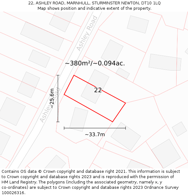 22, ASHLEY ROAD, MARNHULL, STURMINSTER NEWTON, DT10 1LQ: Plot and title map