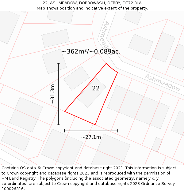 22, ASHMEADOW, BORROWASH, DERBY, DE72 3LA: Plot and title map