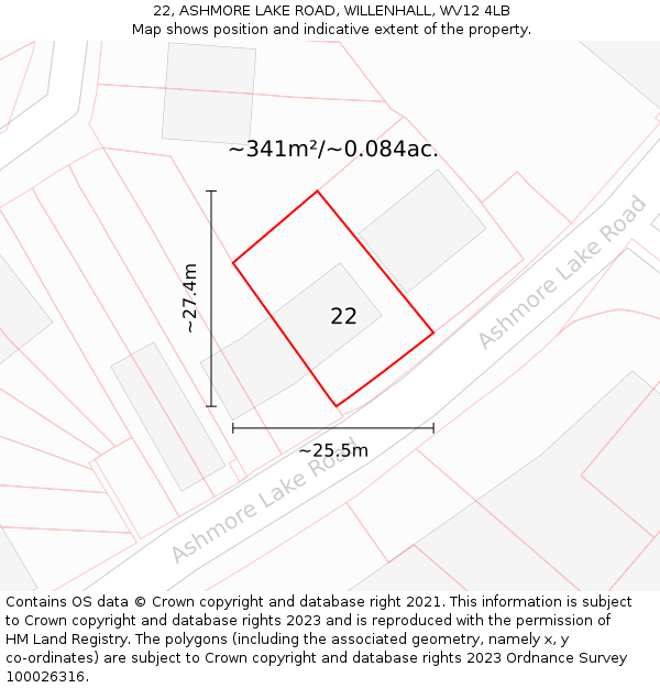 22, ASHMORE LAKE ROAD, WILLENHALL, WV12 4LB: Plot and title map