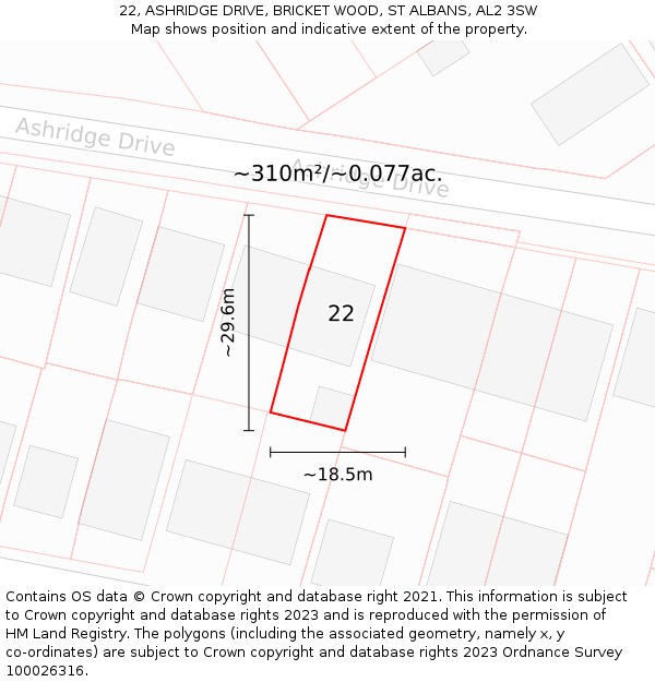 22, ASHRIDGE DRIVE, BRICKET WOOD, ST ALBANS, AL2 3SW: Plot and title map