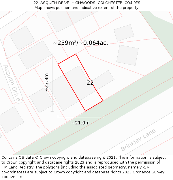 22, ASQUITH DRIVE, HIGHWOODS, COLCHESTER, CO4 9FS: Plot and title map