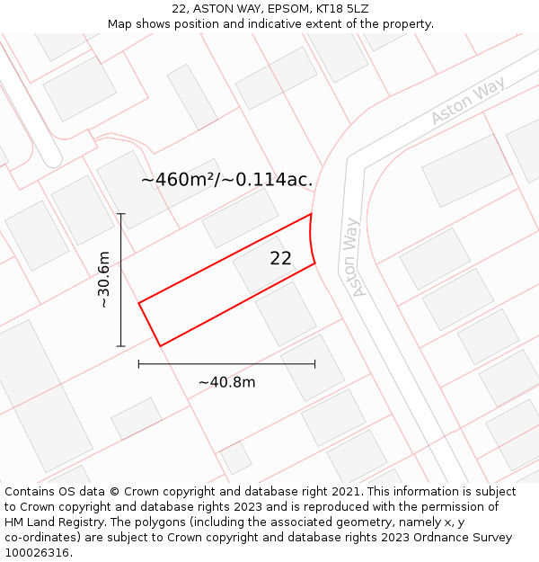 22, ASTON WAY, EPSOM, KT18 5LZ: Plot and title map