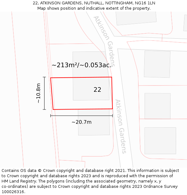 22, ATKINSON GARDENS, NUTHALL, NOTTINGHAM, NG16 1LN: Plot and title map