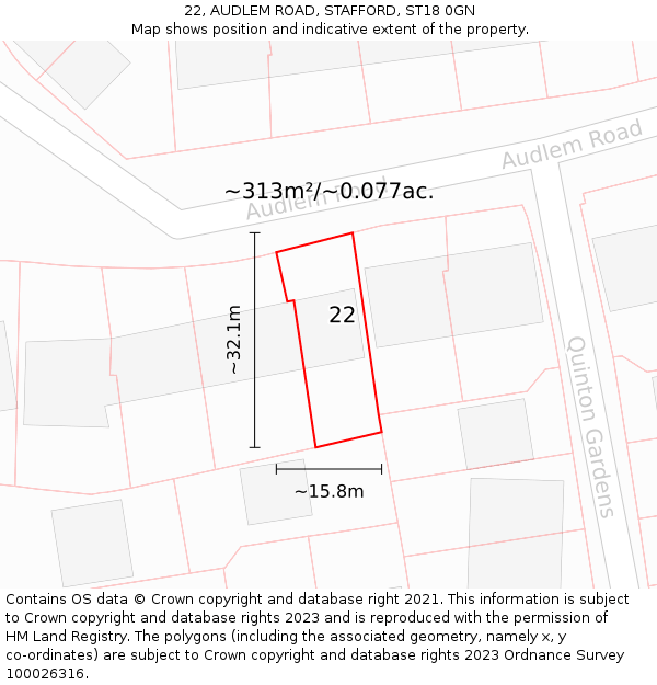 22, AUDLEM ROAD, STAFFORD, ST18 0GN: Plot and title map
