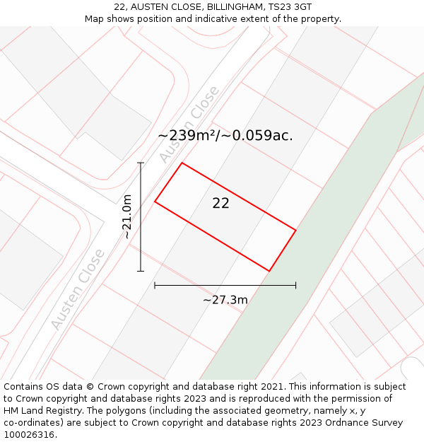 22, AUSTEN CLOSE, BILLINGHAM, TS23 3GT: Plot and title map