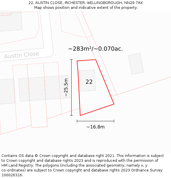 22, AUSTIN CLOSE, IRCHESTER, WELLINGBOROUGH, NN29 7AX: Plot and title map