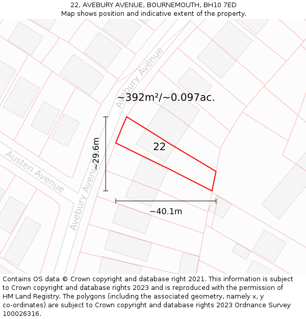 22, AVEBURY AVENUE, BOURNEMOUTH, BH10 7ED: Plot and title map
