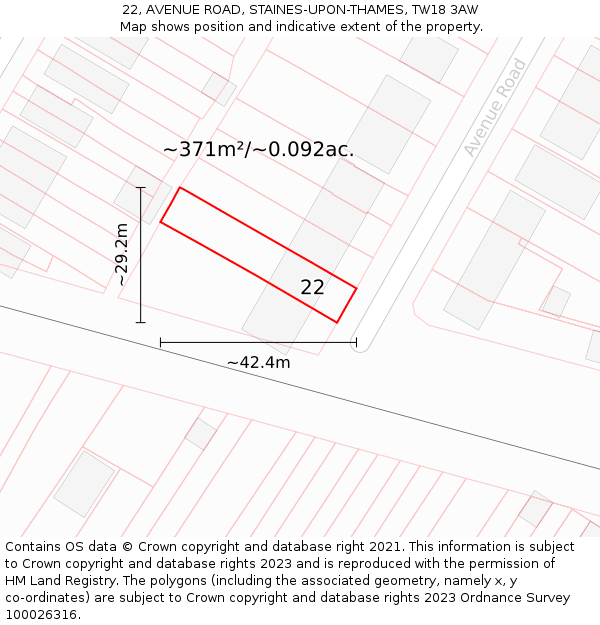 22, AVENUE ROAD, STAINES-UPON-THAMES, TW18 3AW: Plot and title map