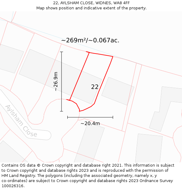 22, AYLSHAM CLOSE, WIDNES, WA8 4FF: Plot and title map