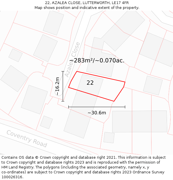 22, AZALEA CLOSE, LUTTERWORTH, LE17 4FR: Plot and title map