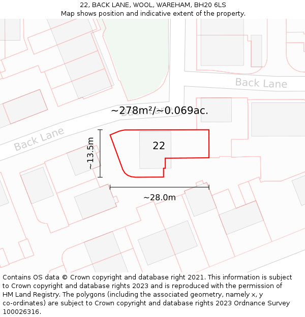 22, BACK LANE, WOOL, WAREHAM, BH20 6LS: Plot and title map